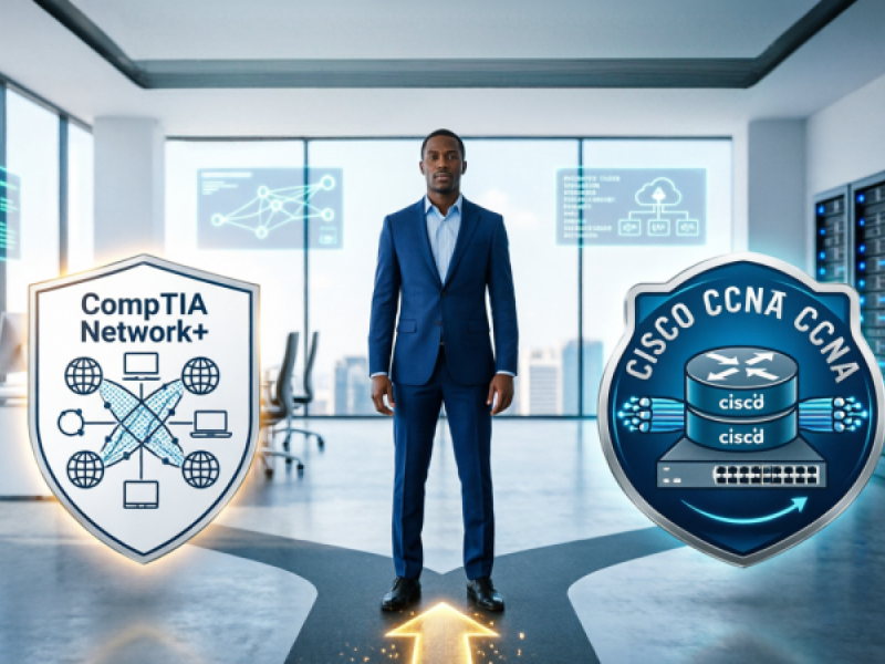 African IT professional choosing between CompTIA Network+ and Cisco CCNA certification paths in modern tech office with network infrastructure
